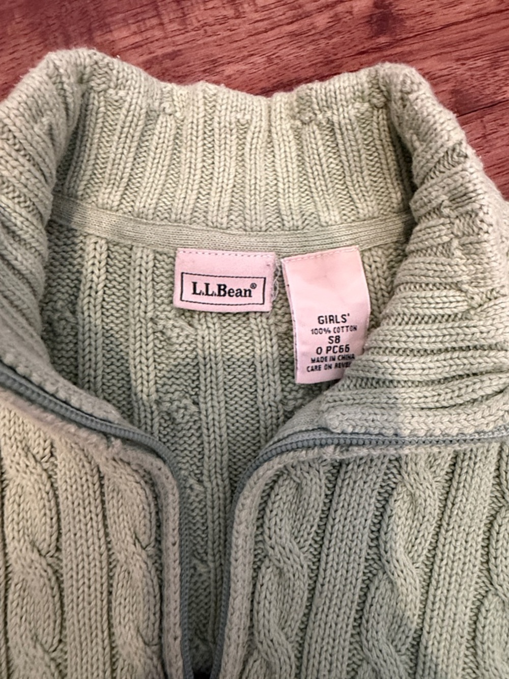 L.L. Bean Girls’ Pale Mint Cable-Knit Zip Cardigan